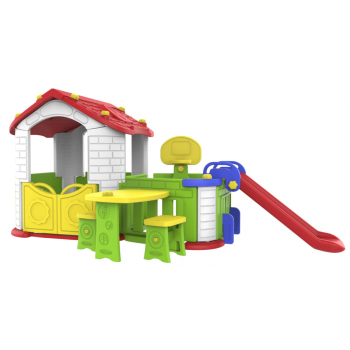 Duży Domek ogrodowy 5w1 dla dzieci + Zjeżdżalnia + Koszykówka + Ogródek + Stolik + 2 Krzesełka Czerwony Dach