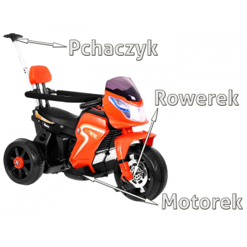 Pchaczyk Rowerek Motorek elektryczny 3w1 dla dzieci Pomarańczowy + Piankowa poręcz + Audio LED