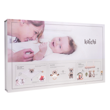 Zestaw sensoryczny 4w1 dla Niemowląt 0+ Miękki Kocyk + 2 Zawieszki z Drewnem + Drążek z zawieszkami